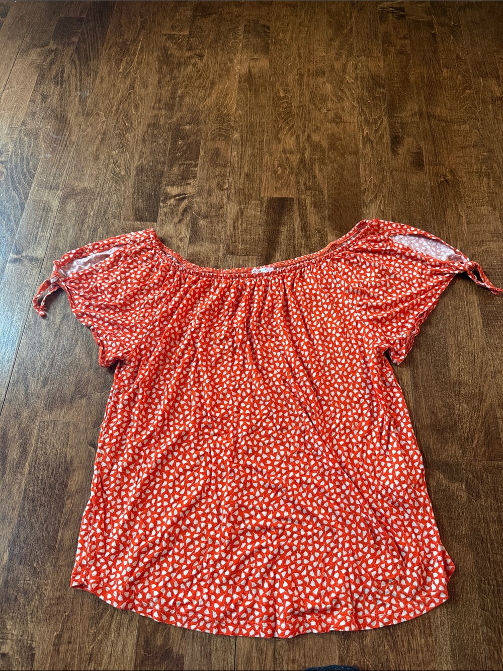Orange Off-Shoulder Key Hole Printed Tunic Top with Tie Sleeves